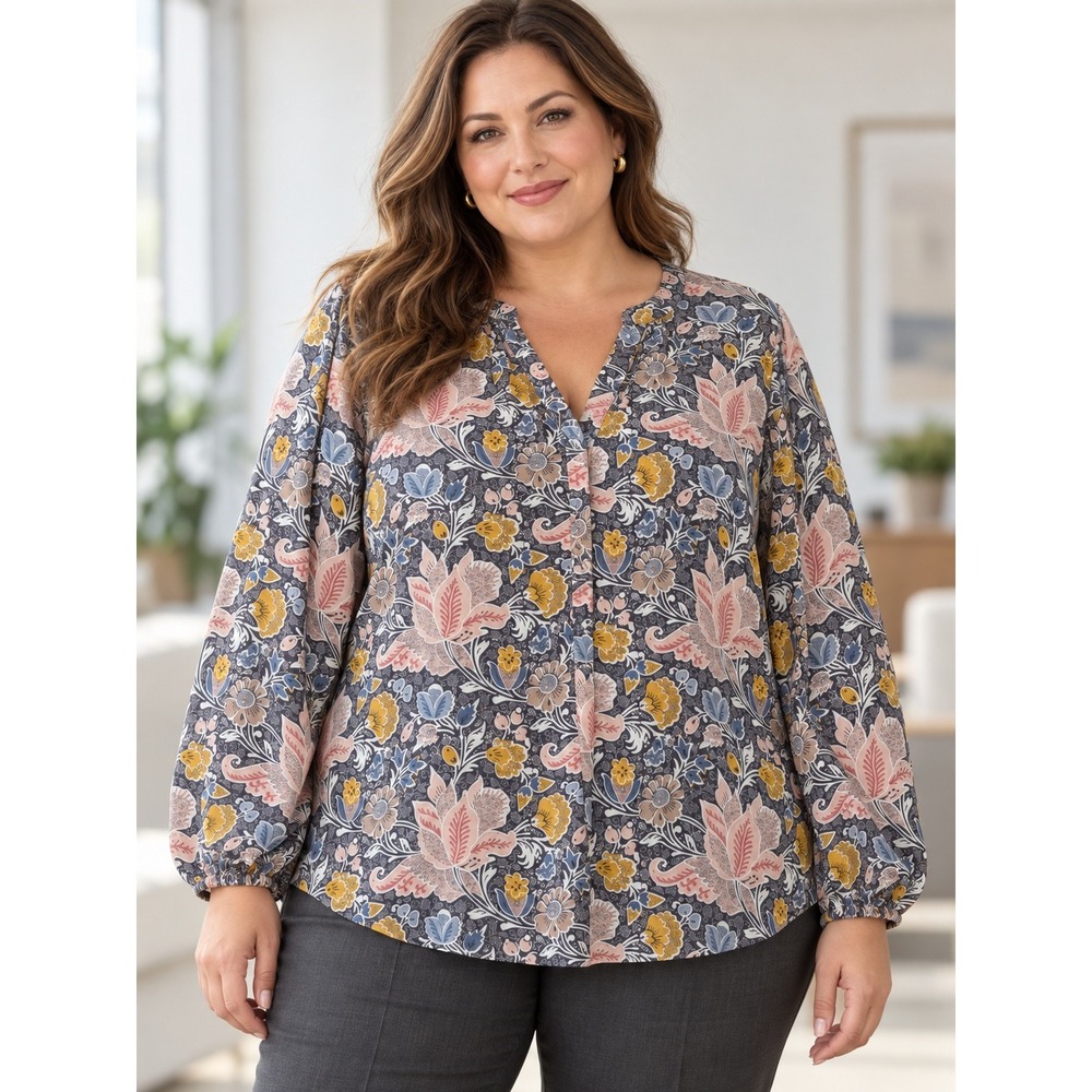 T Tahari Blouse Womens 2X Pink Grey Floral Paisley Split Neck Long Sleeve Top